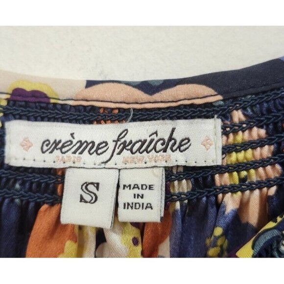 Creme Fraiche Size S Floral Pink Yellow Orange Navy Women Top Blouse 100% Silk - Picture 6 of 10